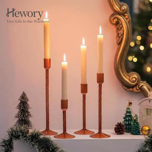 Hewory Glass Taper Candle Holders: 4 Pcs Brown Vintage Candlestick Holders Tall Candle Sticks Holder Decor, Glass Candle Holder for Table Centerpiece Wedding Christmas Advent Holiday Party Decorations - color: Brown