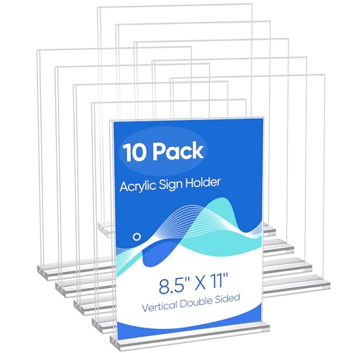 acrylic sign holder 8.5 x 11 Paper Stand 10 Pack Clear Double Side T Shape Acrylic Table Signs for Displaying, Flyer Holder Paper Card Holder for Office Business Store Mall Restaurants