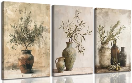 Vintage Vase Canvas Wall Art Prints Green Rustic Olive Branch Wall Decor Pictures Antique Still Life Plant Posters Paintings Artwork for Living Room Bedroom Kitchen Home Decoration 16x24in framed - color: canvas, size: 24L" x 16W"