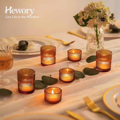 Hewory Glass Tealight Candle Holder: 8 Pcs Amber Votive Candle Holders Tea Lights Candle Holder, Ribbed Tea Light Holders Fall Decorations for Thanksgiving Table Centerpiece Wedding Party Home Decor - color: Amber, size: 8PCS