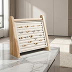 DYNWAVE Wooden Rings Display Stand Tray, 10 Slots Flannel Large Capacity Vertical Storage Holder for Earrings Rings Show Retail Selling, Beige