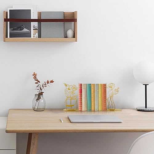 Metal Flower Vase Book Ends, Cute Book Ends for Office Home Decor Decorative Book Ends for Shelves, Ideal Gift for Book Lovers(Gold) - color: Gold