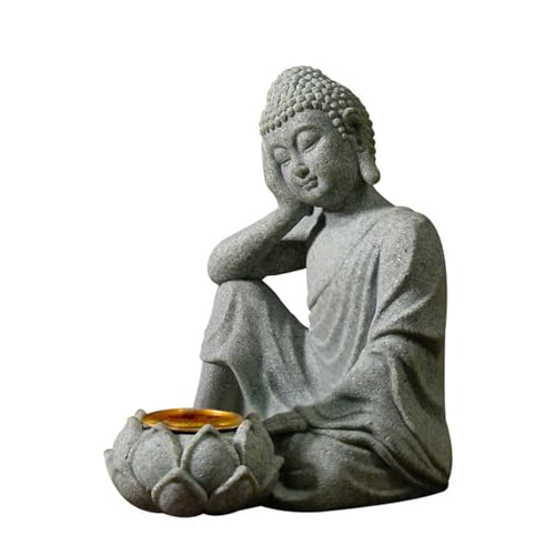 Meditating Buddhas Figurine Stone Sculpture with Tealight Candle Holder Meditation Statue Garden and Indoor Decoration