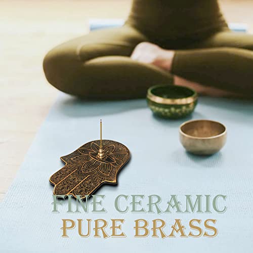 Ceramic Hamsa Hand Incense Holder - 2 in 1 Brass Incense Holder for Sticks and Coil Incense- Zen Decor with Hand of Fatima Design Protection from Evil - 6.2" L X 4.5" W (Black) - color: Black