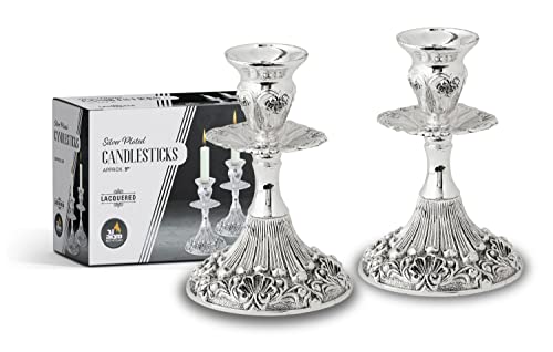 Silver Plated Candlesticks - 2 Pack Set - Pair of 5 Inch Ornate Candle Holders with Round Base and Floral Design - size: 5 inches