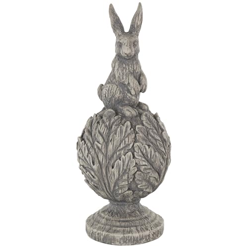 Deco 79 Polystone Rabbit Textured Sculpture with Leaf Covered Round Base, 8" x 8" x 20", Gray - size: 8" x 8" x 20"