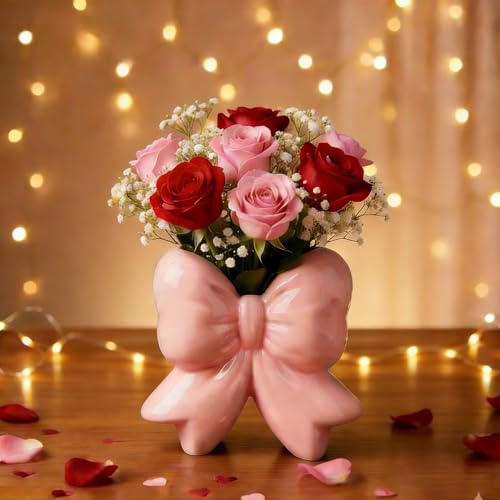Pink Bow Vase, Pink Flower Vase for Home Decor, Coquette Ceramic Vase for Boho Style, Ceramic Vase for Ideal Shelf Decor/Table/Living Room. - color: Pink-1