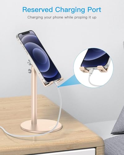 OMOTON Cell Phone Stand, Angle Height Adjustable Phone Stand, Aluminum Desktop Phone Holder Dock Stand for Desk, Compatible with iPhone 17 Pro Max, All Smartphones and Tablets(4-11''),Gold - color: Gold