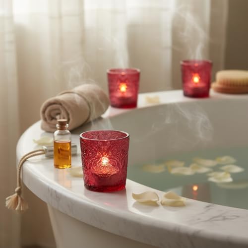 6 Pack Mandala Embossed Glass Candle Holders – Votive Tealight Holders with Patent Design, Decorative Embossed Glass Cups for Wedding Centerpieces, Parties, and Home Décor (Wildberry Red) - color: Wildberry Red
