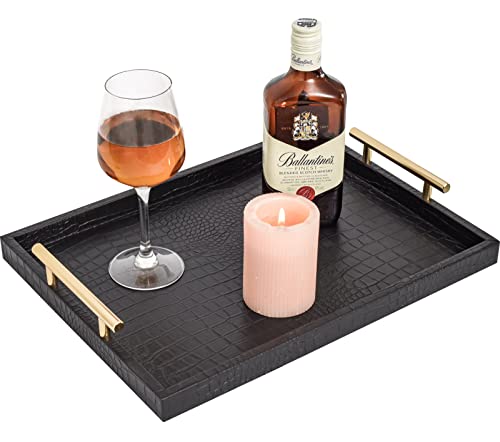 Set of 2 Modern Elegant Large Wood Serving Tray, Rectangle Decorative Tray Ottoman Tay Coffee Table Tray, Black Crocodile Leather with Gold Polished Metal Handles - style: Black Crocodile Tray