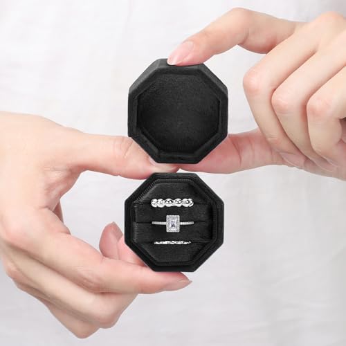 WantGor Velvet Ring Box, 3 Slots Jewelry Ring Gift Box Vintage Ring Display Holder Case for Wedding Ceremony Proposal Engagement (Black) - color: Black