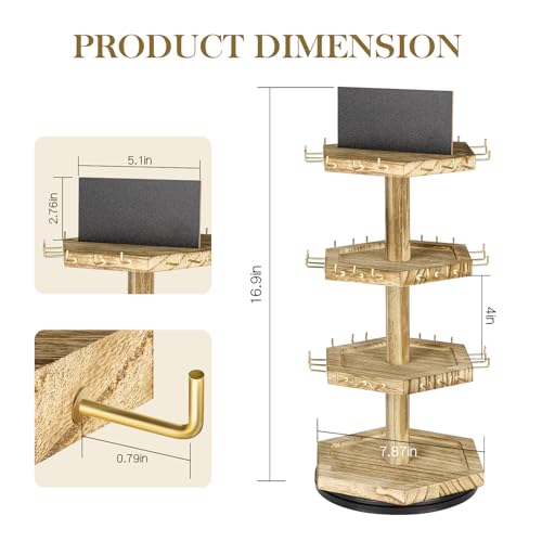 LadyRosian 3-Tier Wooden Rotating Jewelry Display Stand | Bracelet & Keychain Organizer with Advertising Board | 54 Hooks Rustic Holder for Vendor Booth & Stores (3-Tier Round Hexagon) - color: 3-Tier Sleek Round Organizer