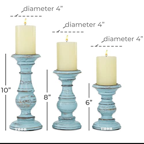 Decorative Light Blue Wood Turned Style Pillar Candle Holder with Distressed Finish, Set of 3 6", 8", 10" H, Light Blue