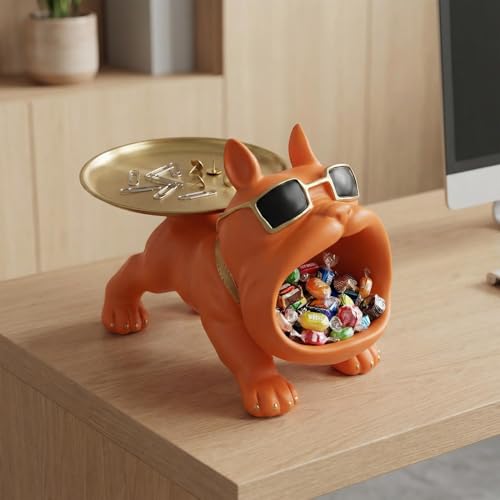 French Bulldog Tray Sculpture – Multifunctional key tray and candy bowl, resin bulldog statue, suitable for entryway tables, office desks, living room use, home decor gift. (orange)
