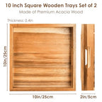 YOUEON Set of 2 Acacia Wood Serving Tray with Handles, 10x10x2 Inch Decorative Serving Trays for Food, Ottoman Tray, Square Coffee Table Trays for Dinner, Coffee, Wine, Appetizer