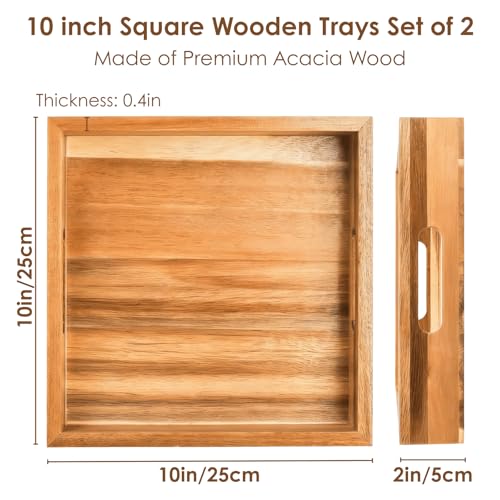 YOUEON Set of 2 Acacia Wood Serving Tray with Handles, 10x10x2 Inch Decorative Serving Trays for Food, Ottoman Tray, Square Coffee Table Trays for Dinner, Coffee, Wine, Appetizer
