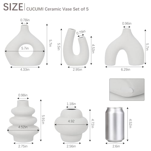 CUCUMI Ceramic Flower Vase Set of 5 Modern Nordic Boho Style Decorative Vases Home Decor, Matte Ceramic Decorations for Living Room Shelf, Bookshelf Mantle Entryway Table or Console Décor - color: 5 Pack-warm White