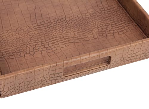 HofferRuffer Rectangle Serving Tray with Hole Handles for Coffee Table, Breakfast, Tea, Food, Butler - Countertop, Kitchen, Vanity Serve Tray, 16.2 x 12.2 x 2 inches, Faux Leather (Antique Brown) - color: Antique Brown, size: 16.2" x 12.2" x 2"