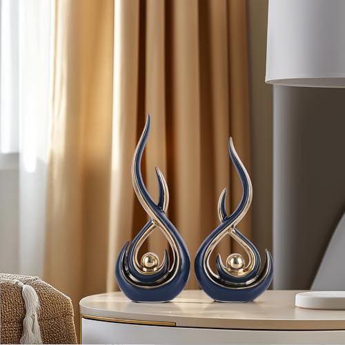 Ceramic Abstract 2 Piece Statue Set, Blue and Gold Home Decor Accents for Home Decor Statue Mantel Shelf Decor Unique Shelf Decor on Mantel, TV Cabinet Divider Table Top and Dining Table Centerpiece. - color: Blg