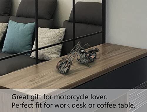 TRANSGOOD Handmade Motorcycle Model with Rolling Wheels, 9" Vintage Steampunk Bike Sculpture, Heavy-Duty Iron Desk Decor, Unique Biker Gift for Dad Husband, Industrial Man Cave Office Home Art