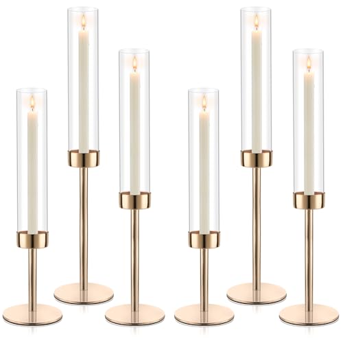 Gold Hurricane Candle Holders, Set of 6 Glass Taper Candlestick Holders Metal Candle Stands Bulk with Glass Cover for Dining Tables Wedding Candelabra Centerpieces Decor - color: Gold