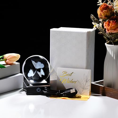Qianwei Butterfly Gifts for Women 3D Crystal Ball 3.14'' - 80mm Laser Decor Glass Animals Figurines Statue for Room Decorations Night Light - style: 3PCS Butterfly