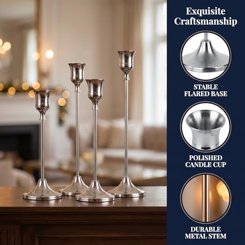 Silver Taper Candle Holders 2 Sets(6 Pcs) - Tall Metal Candlestick Holders for Table Centerpiece, Formal Dinner, Wedding, Fireplace Mantel Decor, Fits 3/4 Inch Thick Candles - color: Silver