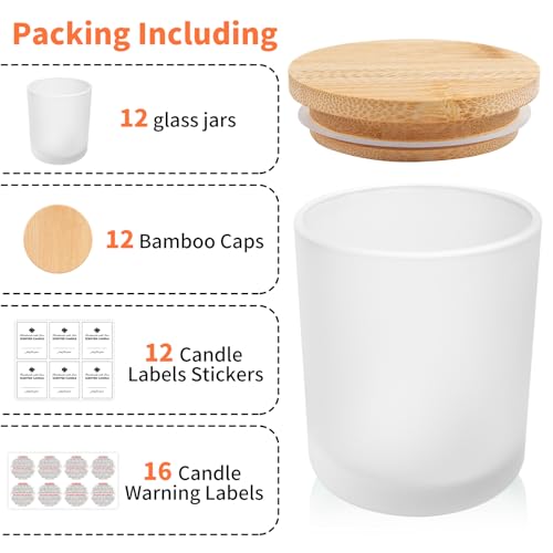 SUPMIND 12 Pack Glass Candle Jars-10oz Frosted Empty Candle Jars with Bamboo Lids and Sticky Labels, Bulk Candle Jars for Making Candles Containers - Dishwasher Safe - color: Frosted, size: 10oz