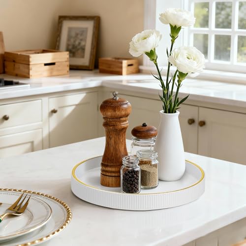 Round Decorative Tray for Coffee Table Decor, PU Leather Coffee Table Tray Golden Trim for Home Decor Living Room Dining Table, Perfume Trays Nightstand Organizer (White) - color: White
