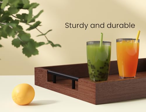 Fibogollo Bamboo Serving Tray with Metal Handles,15x10in Ottoman Decorative Trays Platter for Coffee Table,Living Room,Bar,Party,Medium(Brown) - style: Brown-Medium