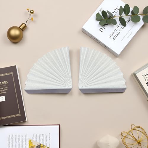 Fan Shape Book Ends Decorative Bookends for Shelves, Modern Fan Bookends for Bookshelf Decor, Minimalist Decorative Book Stoppers for Home Office - color: Geometric Fan - Off White