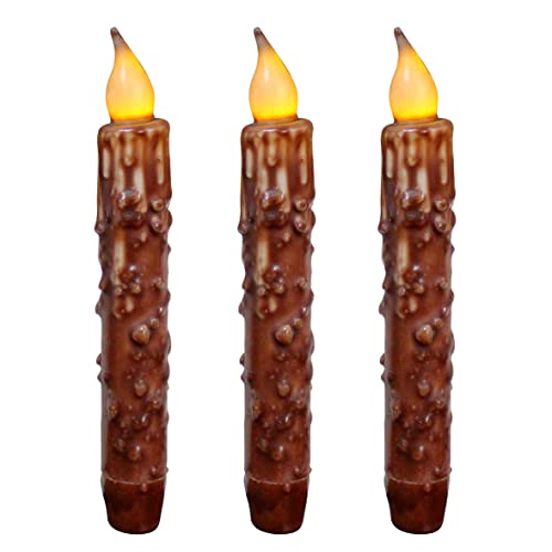 CVHOMEDECO. Real Wax Hand Dipped Battery Operated LED Timer Taper Candles Country Primitive Flameless Lights Décor, 6-3/4 Inch, Coffee, 3 PCS in a Package - color: Coffee 3 Pcs