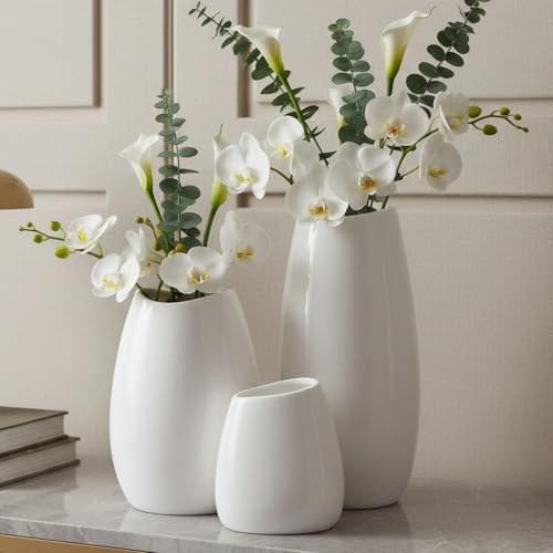 hjn Ceramic Vase Set of 3 White Flower Vase for Home Decor, Modern Decorative Vases for Flowers/Ideal Shelf Decor/Table/Living Room/Kitchen/Office-White - color: White