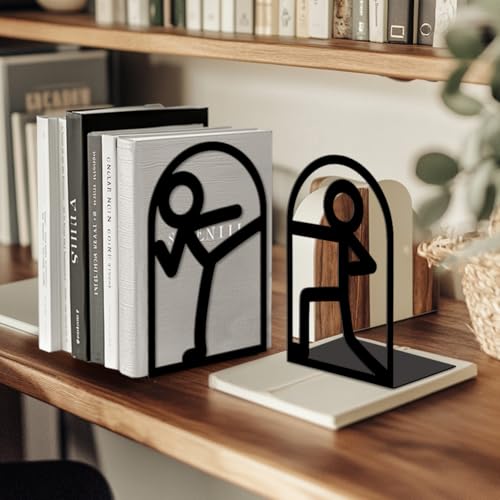 Peacoblue Metal Bookends for Shelves, Modern Decorative Heavy Duty Study Book Ends Stoppers for Office, Desk, Shelf, Room 5.3"x4.3"x7.9" Cast Iron Simple Tall Bookends 1 Pair (Stickman) - style: Stickman
