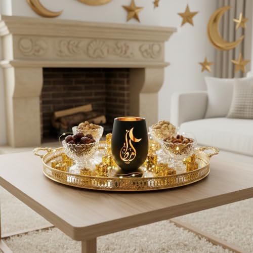 Black and Gold Ramadan Decorations for Home, Artistic Calligraphy Glass Tealight Candle Holder, 4.72" Eid Mubarak Table Decor, Luxury Islamic Votive Gift for Ramadan Kareem, Iftar Centerpiece