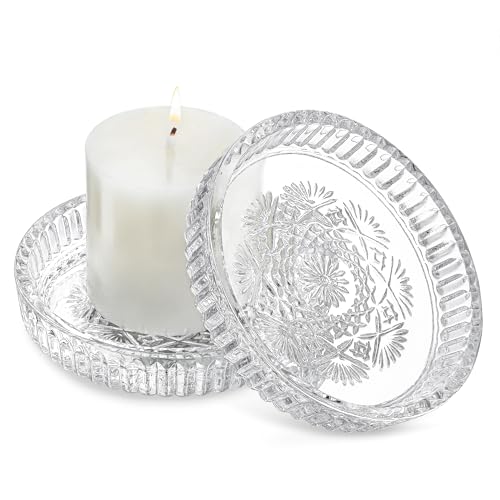 kanpura Crystal Glass Candle Holder Plates Set of 2 3.7 Inch Round Clear Glass Pillar Candle Holder Snowflake Votive Candle Holder Set for Christmas Winter Party Birthday Holiday - color: Snowflake,1