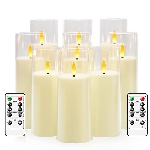kakoya Flickering Flameless Candles Battery Operated with Remote and 2/4/6/8 H Timer Plexiglass Led Pillar Candles Pack of 9(D2.3 xH5.5 6.5" 7.5") with Realistic 3D Wick Candles for Home Decor(Ivory) - color: Ivory
