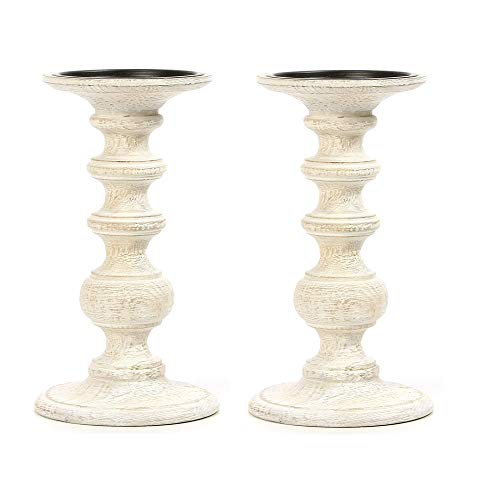 Hosley Set of 2 Antique White Wood Pillar Candle Holder 9 Inch High Ideal Gift for Weddings Special Occasion Spa Aromatherapy Settings Candle Gardens. - color: White, size: 9'' H x 2 Count
