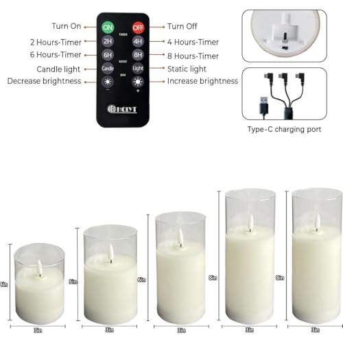 Rechargeable Flameless Candle, Flashing LED Pillar Real Wax Candle with Remote Control and Timer, Teardrop Wick, Clear Glass Electronic Candles, 1 Set of 5 - color: White Glass -Droplet 5P