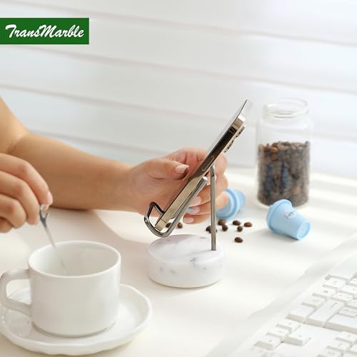 Marble Phone Stand with Metal Holder, Charging Available While Using, Swipe Up to Unlock, Made of Natural Marble as Business Card Holder for Office Desk (Starry White + Black) - color: Starry White + Black