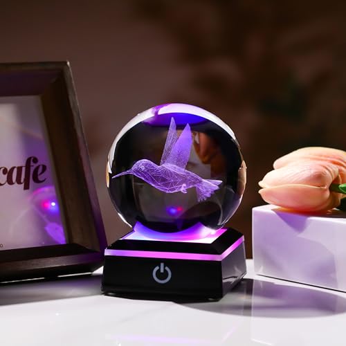 Qianwei 3D Crystal Ball Hummingbird Gift - 3.14'' 80mm Laser Decor Glass Animal Figurine Statue for Room Decorations With Night Light - style: Hummingbird