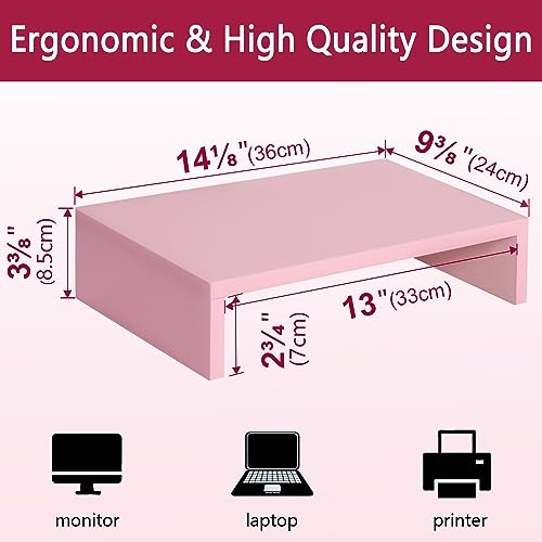 TEAMIX Pink Monitor Stand Riser, Wood Monitor Riser with Storage for Desk Small Monitor Stand TV/Screen/PC/Laptop Riser Computer Stand Desktop Shelf (Pink-14.2 inch)
