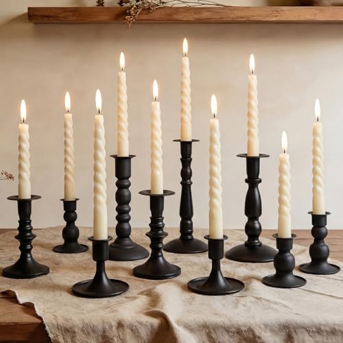 Mumufy Matte Candlestick Holders, Metal Wedding Taper Candle Holders Vintage Candles Stand Set, Candle Stick Decor for Mantel Table Centerpiece Wedding Dining Table Decor Mantelpiece(Black,10 Pcs) - color: Black
