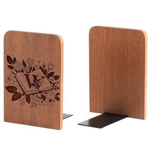 Wood Bookends, Book Ends for Shelves with Decorative Alphabet A and Z Design - Heavy Duty Iron & Ebony Wood Book Ends for Shelves Bookcase Desk - 1 Pair - W - color: W