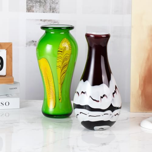 KAMMAK Colored Glass Vase, Beautiful Hand Blown Decorative Vase, Modern Art Vase for Flower Mantle Dining Table Centerpiece, Entryway Living Room Wedding Decoration (JG2051) - style: JG02051