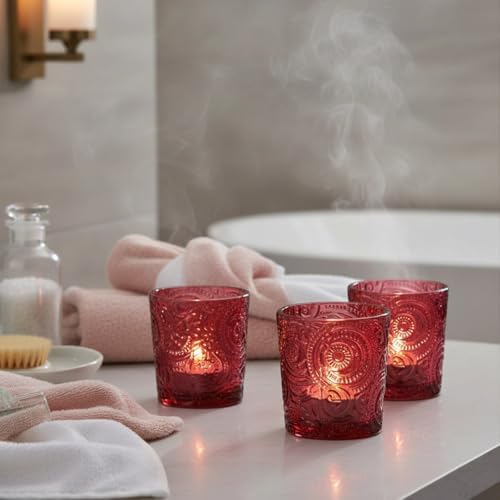 6 Pack Patented Sun Moon Star Embossed Glass Tea Light Candle Holders - Unique Votive Candle Holders for Wedding, Party, and Table Centerpieces (Wildberry Red) - color: Wildberry Red