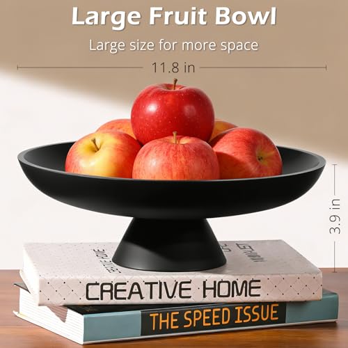 Large Fruit Bowl for Kitchen Counter, Concrete Decorative Bowl for Coffee Table, Modern Key Bowl for Entryway Table (Black)