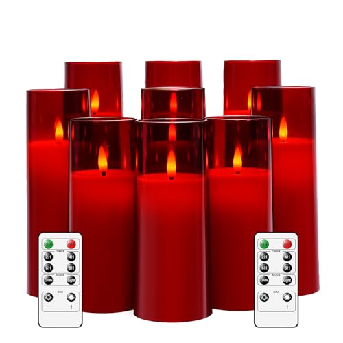 kakoya Flickering Flameless Candles Battery Operated with Remote and 2/4/6/8 H Timer Plexiglass Led Pillar Candles Pack of 9 (D2.3 xH5.5 6.5" 7.5") with Realistic 3D Wick Candles for Home Decor(Red) - color: Red