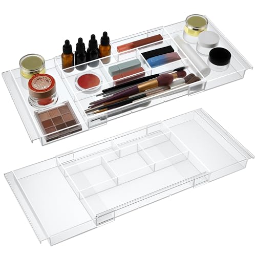 2pack Shallow Expandable Drawer Organizer, Adjustable 12.5”–20” Clear Plastic Drawer Organizer Tray for Vanity Bathroom Desk Kitchen Drawers, Multi Compartment Storage