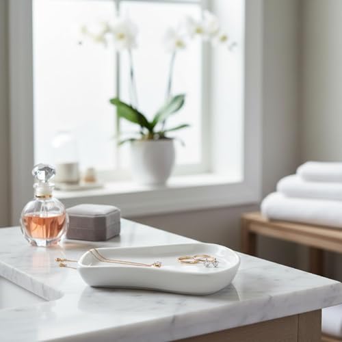 White Ceramic Trinket & Jewelry Tray Dish Set - 2 Pieces Minimalist Organizer for Earrings, Rings, Necklaces - Elegant Irregular Home Decor Accent